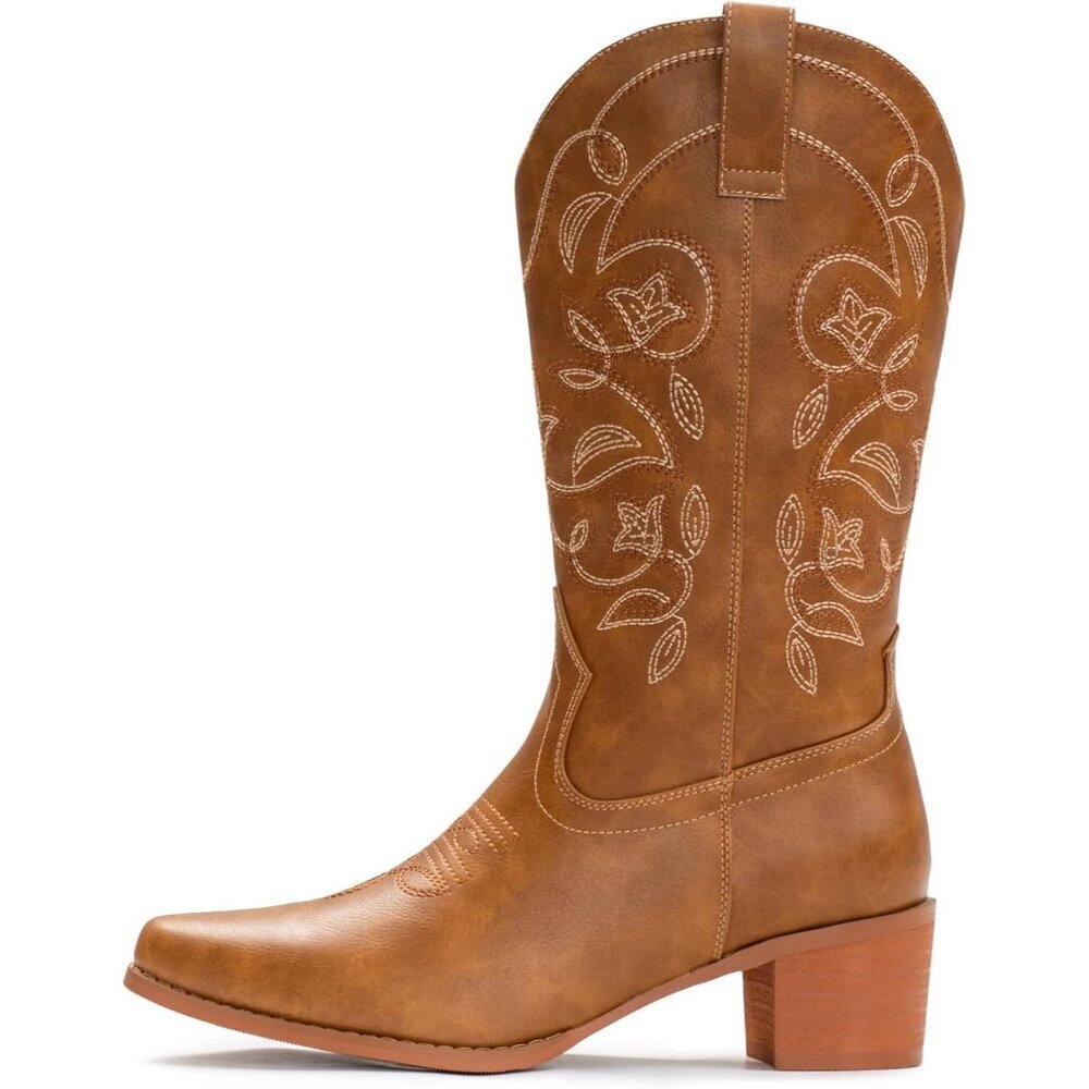 Women's Chestnut Pointy Toe Faux Leather Western Cowgirl Mid Calf Boots - Picture 6 of 6